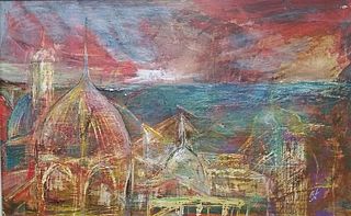 Due lavori di Cleofe Ramadoro e la locandina dell'inaugurazione (Mombaroccio, Chiesa di San Marco, domenica 26 agosto, ore 18.30)